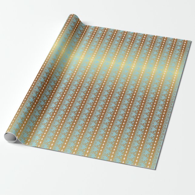 Papel De Presente Azul Aquático e Douradas Estirpes (Desenrolado)