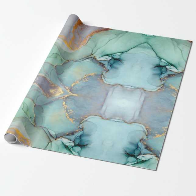Papel De Presente Azul Azul Dourado Marble Bonito (Desenrolado)