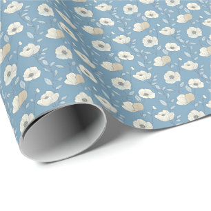 Papel De Presente Azul Bege Floral Aniversário Chá de Bebê Noiva