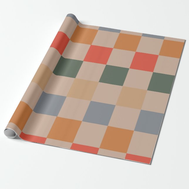 Papel De Presente Azul Bege Laranja Marrom Xadrez Gingham Estampado (Desenrolado)