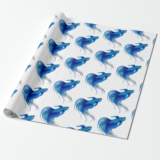 Papel De Presente Azul Betta Fish Watercolor (Desenrolado)