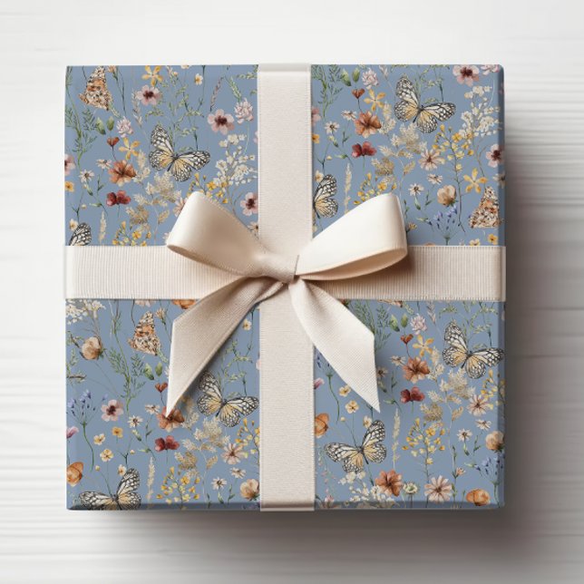 Papel De Presente Azul Boho Flor Silvestre (Blue Boho Wildflower Wrapping Paper with Butterflies by Painted Paperie
)
