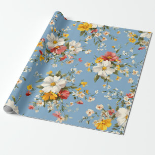 Papel De Presente Azul Branco Amarelo Vermelho Ditsy Flor Pastel Boh