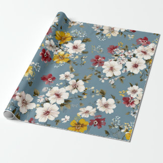 Papel De Presente Azul Branco Amarelo Vermelho Ditsy Flor Pastel Boh