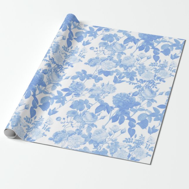 Papel De Presente Azul Branco Rosas Florais Padrão Francês Chinoiser (Desenrolado)