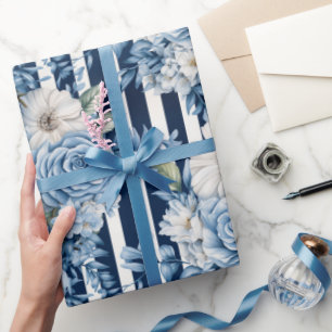 Papel De Presente Azul Branco Stripes Floral Aniversário