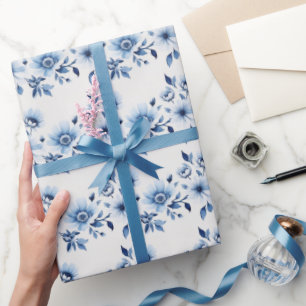Papel De Presente Azul Branco Toile Floral Casamento Chá de Bebê 