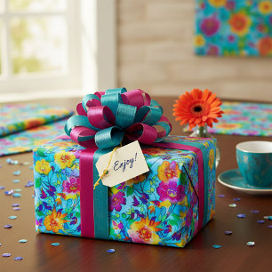 Papel De Presente Azul brilhante floral