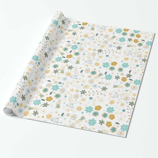 Papel De Presente Azul-Casca Amarelo Chic Floral Aniversário (Desenrolado)