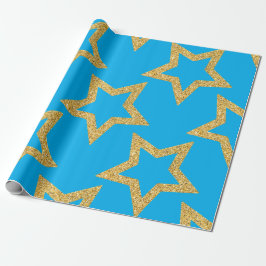 Papel De Presente Azul Celestial e Estrela Dourada