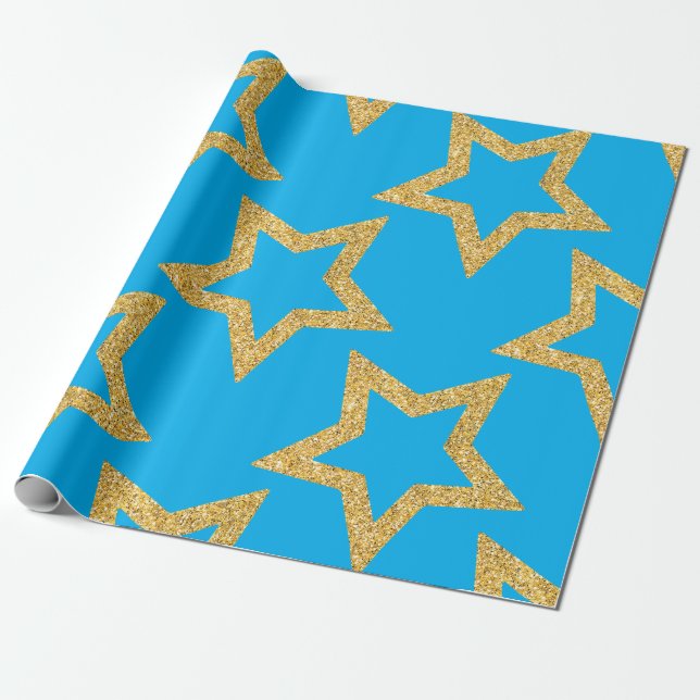 Papel De Presente Azul Celestial e Estrela Dourada (Desenrolado)