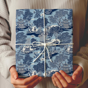 Papel De Presente Azul Chic Toile de Salgueiro Chinoiserie Branco