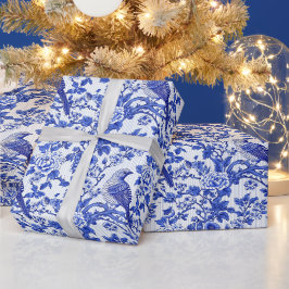Papel De Presente Azul Chinoiserie Floral Monograma de Pássaro