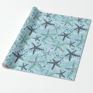 Papel De Presente Azul-claro e Starfish Dourado no padrão das ondas