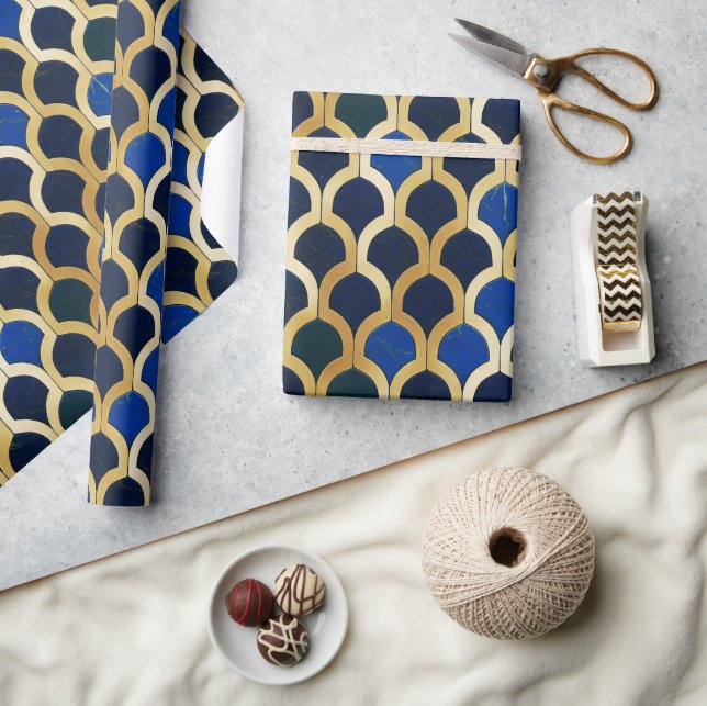Papel De Presente Azul Cobalto e Ouro Padrão de Mármore Art Déco (Artesanato)