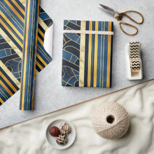 Papel De Presente Azul Cobalto e Ouro Padrão de Mármore Art Déco