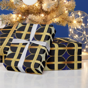 Papel De Presente Azul Cobalto e padrão de mármore Art Déco dourado