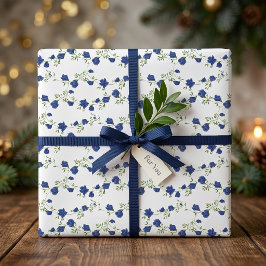 Papel De Presente Azul Cobalto Verde Flor Silvestre Aquarela