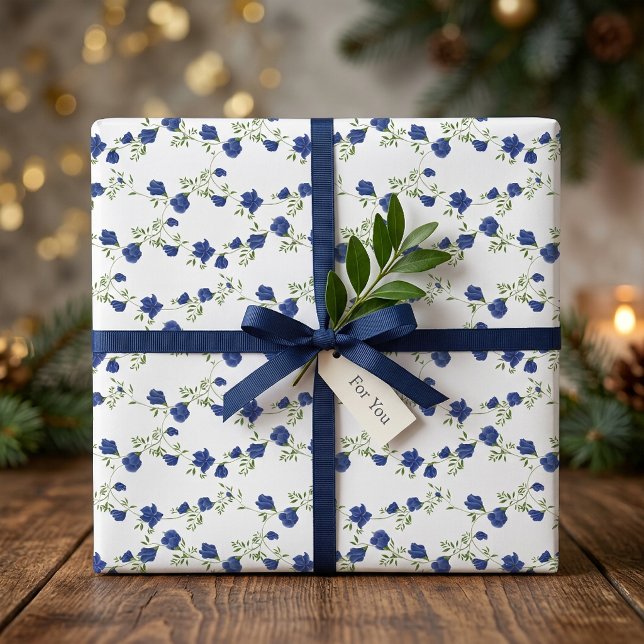 Papel De Presente Azul Cobalto Verde Flor Silvestre Aquarela (Cobalt Blue Green Wildflower Watercolor Wrapping Paper)