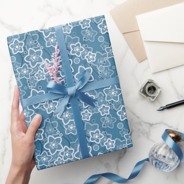 Papel De Presente azul com branco, azul, flores, floral, rústico, fa (Presentear)