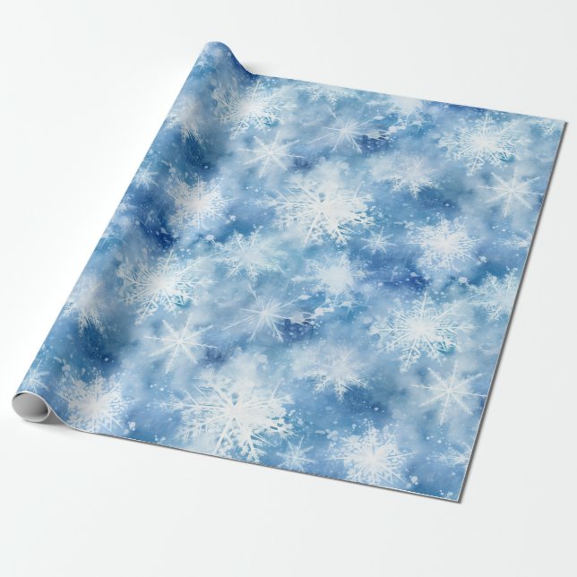 Papel De Presente Azul com Estilo de Aquarela com Flocos de Neve (Desenrolado)