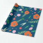 Papel De Presente Azul com padrão de flor de cor vibrante<br><div class="desc">Azul com cor vibrante Papel de embrulho de presente de padrão de flores. Única,  elegante e moderna. Apresentando minhas ilustrações florais e folhagem. Rosas,  papagaios,  folhas,  pétalas em laranja,  rosa,  verdes,  vermelhos.</div>