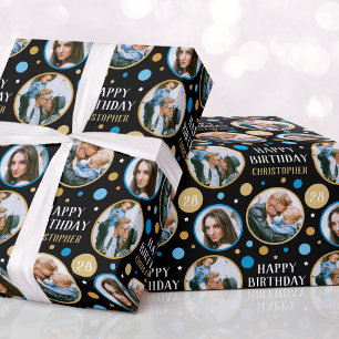 Papel De Presente Azul de Foto Personalizada de Aniversário de Celeb