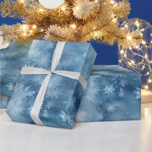 Papel De Presente Azul de Inverno Branco Flocos de Neve Natal