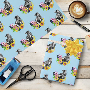 Papel De Presente Azul de Zebra Colorida Flor de Margarida Floral Vi