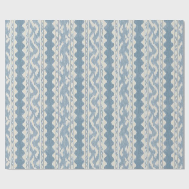 Papel De Presente Azul Desbotado Ikat, Listra Tecida em Creme (Aberto)