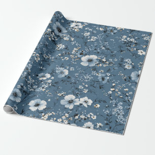 Papel De Presente Azul Ditsy Flor Vintage Boho dos Anos 70