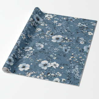 Papel De Presente Azul Ditsy Flor Vintage Boho dos Anos 70