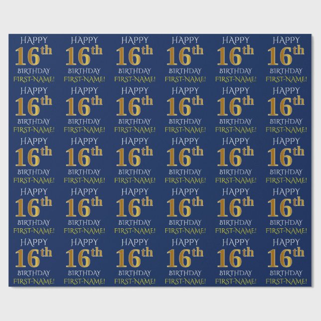 Papel De Presente Azul, Dourado "FELIZ 16 ANIVERSÁRIO" (Aberto)