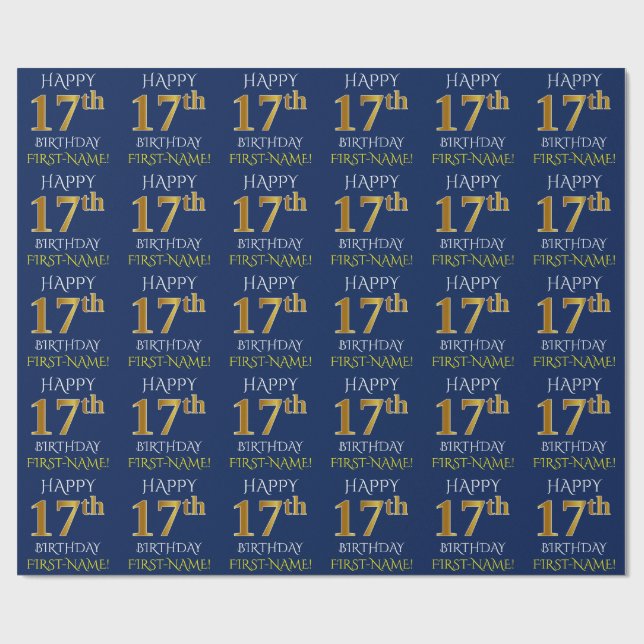 Papel De Presente Azul, Dourado "FELIZ 17.º ANIVERSÁRIO" (Aberto)