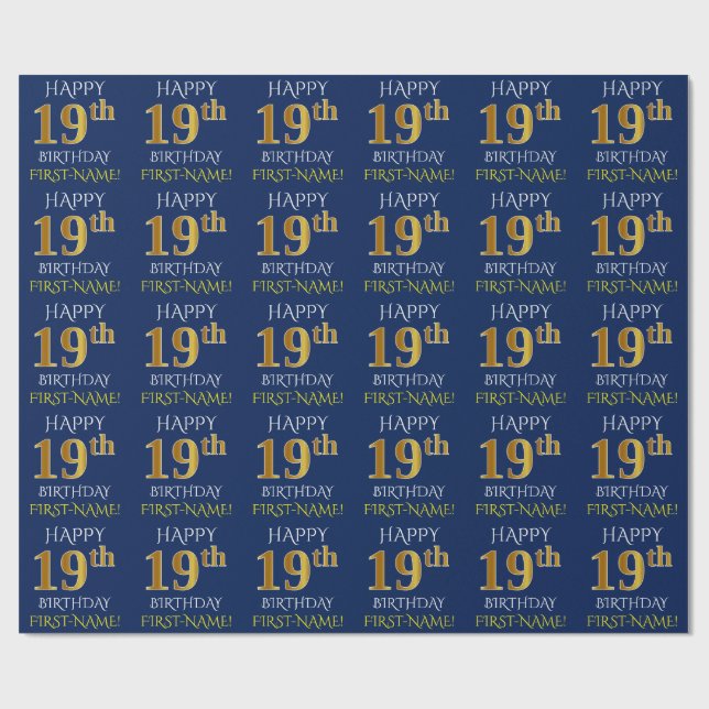 Papel De Presente Azul, Dourado "FELIZ 19 ANIVERSÁRIO" (Aberto)