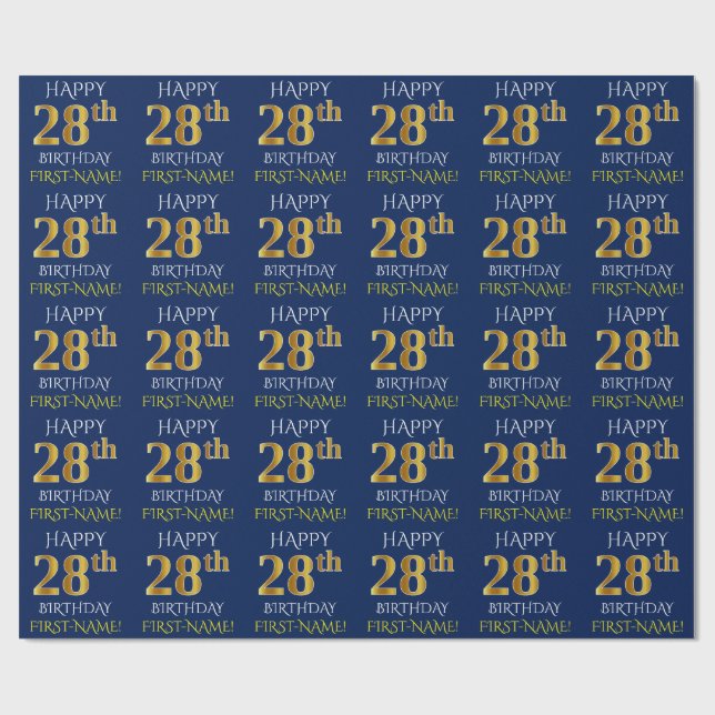 Papel De Presente Azul, Dourado "FELIZ 28 ANOS" (Aberto)