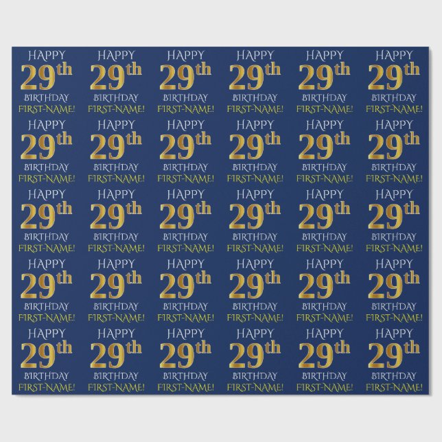 Papel De Presente Azul, Dourado "FELIZ 29 ANIVERSÁRIO" (Aberto)