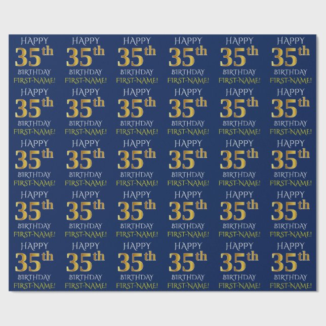 Papel De Presente Azul, Dourado "FELIZ 35 ANOS" (Aberto)