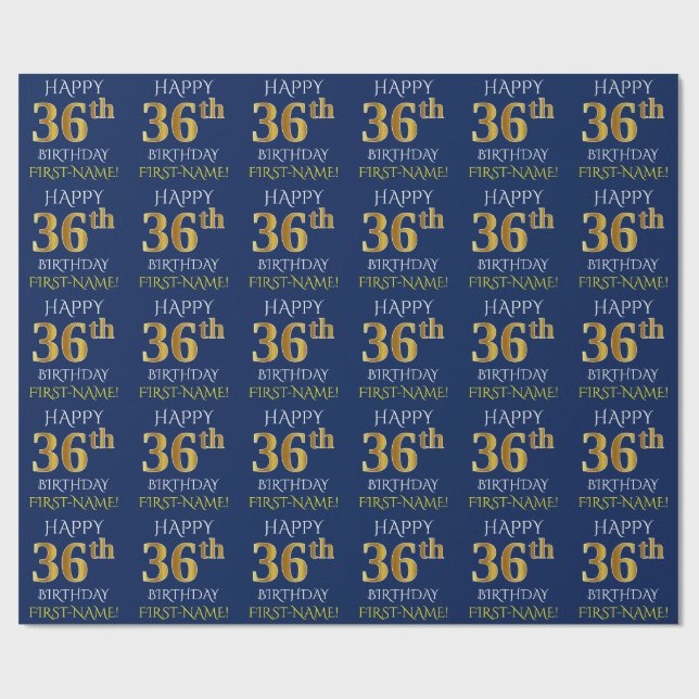 Papel De Presente Azul, Dourado "FELIZ 36 ANOS" (Aberto)