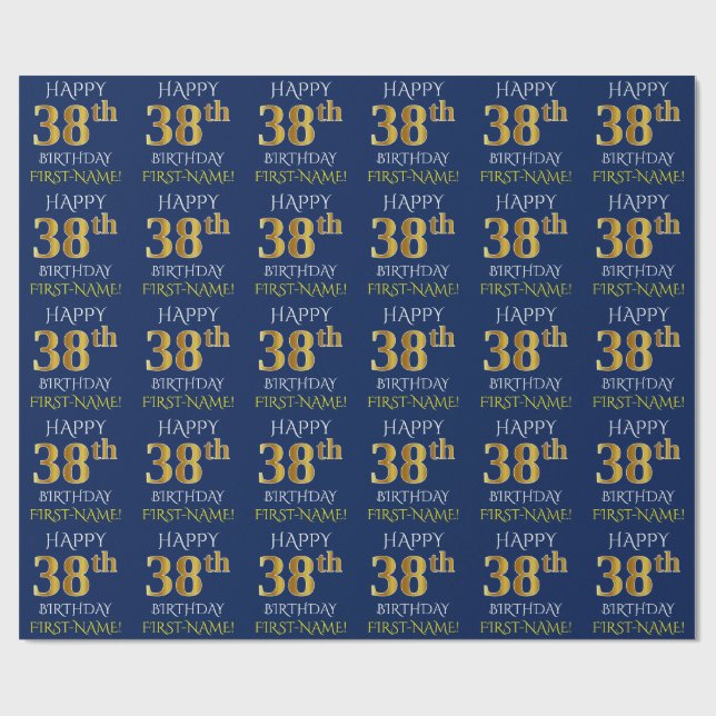 Papel De Presente Azul, Dourado "FELIZ 38 ANOS" (Aberto)