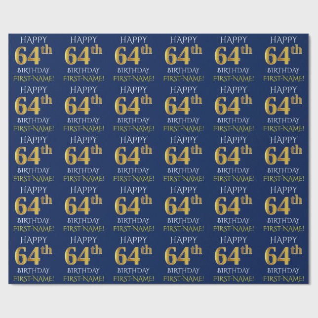 Papel De Presente Azul, Dourado "FELIZ 64 ANOS" (Aberto)