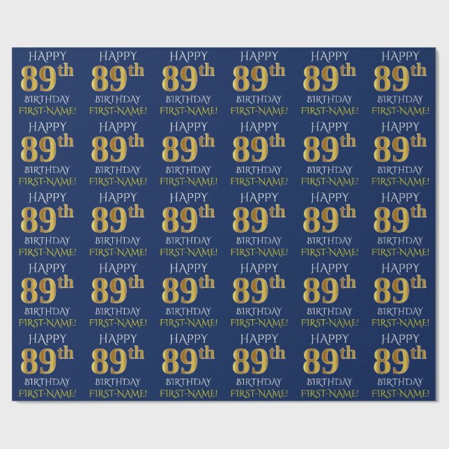 Papel De Presente Azul, Dourado "FELIZ 89º ANIVERSÁRIO" (Aberto)