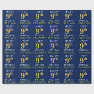 Papel De Presente Azul, Dourado "FELIZ 9º ANIVERSÁRIO"