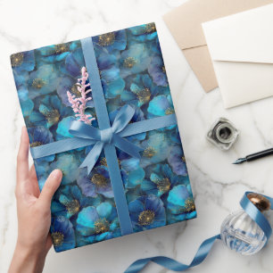 Papel De Presente Azul Dourado Florais Abstratos Aquarela