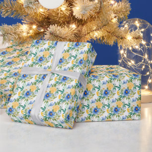 Papel De Presente Azul e Amarelo Floral