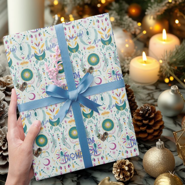 Papel de Presente Azul e Bege Moderno Boho Chic (Criador carregado)