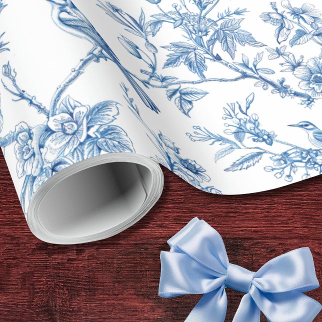Papel De Presente Azul e Branco Chinoiserie Floral Aves (Criador carregado)