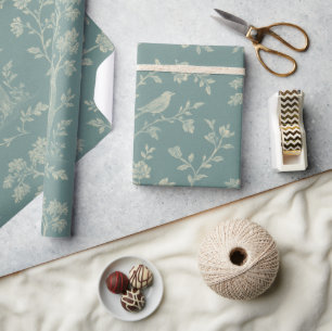 Papel De Presente Azul e Creme Toile Francesa de Pássaros