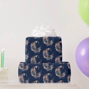 Papel De Presente Azul e Dourado Rosa Padrão de Lua Crescente de Hal