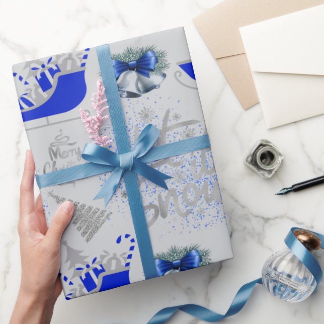 Papel De Presente Azul e Prata Deixam nevar na Cinza | (Presentear)